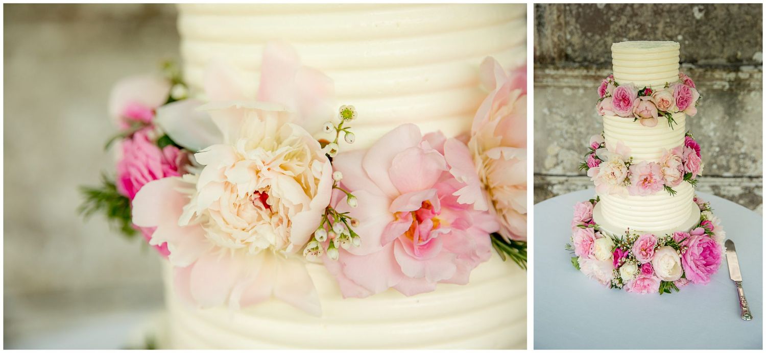 Elegant white wedding cake decorated with delicate pink and peach flowers shown in two different angles.