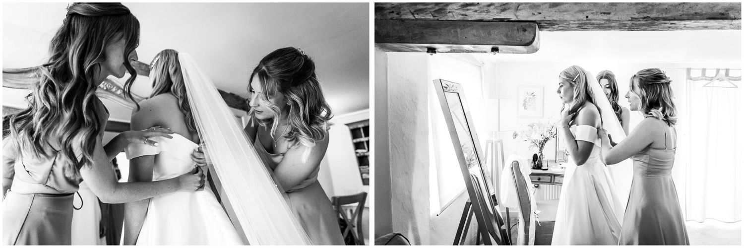 Black and white candid moments from wedding day preparations.