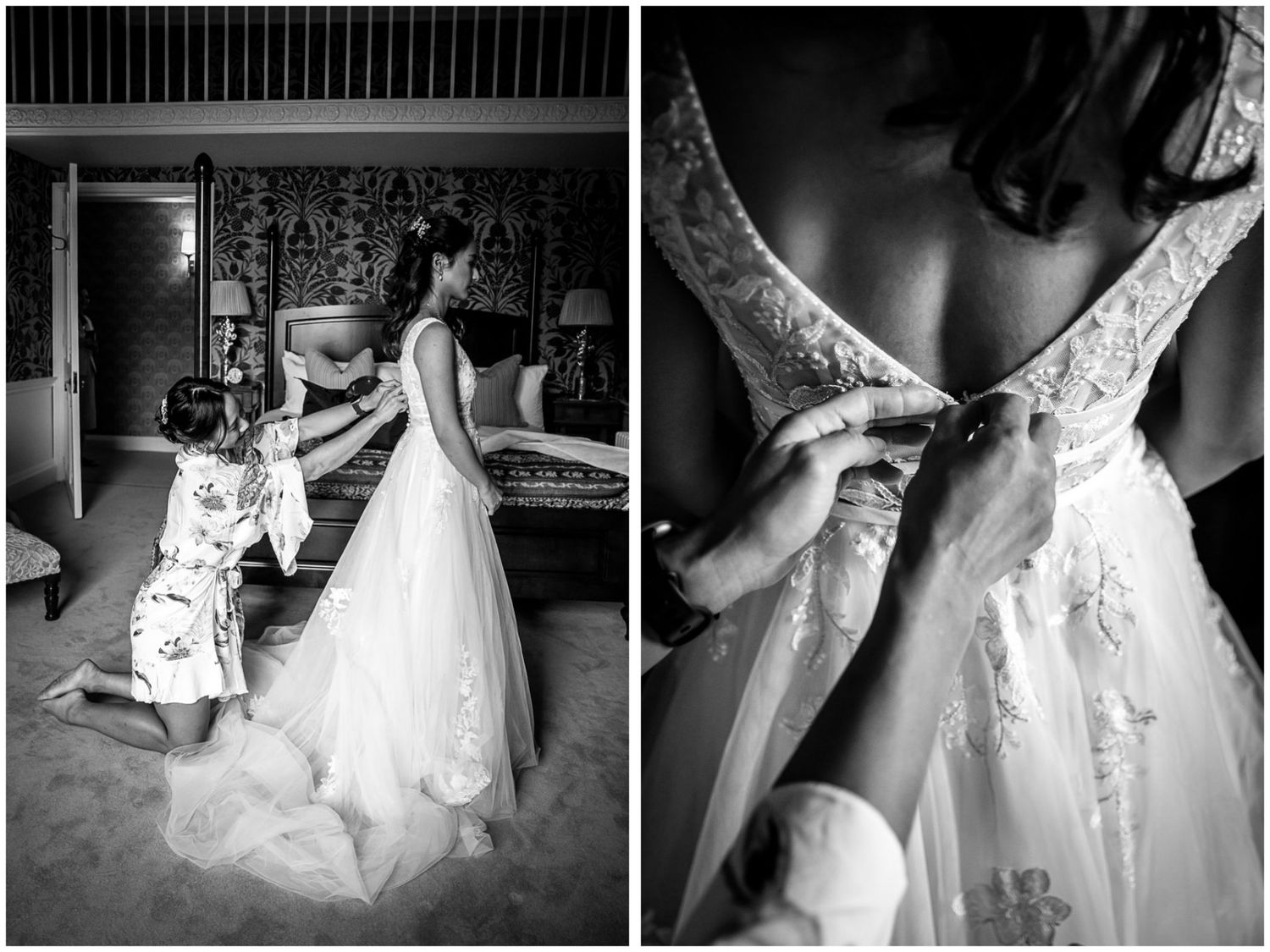 Close-up details of white wedding dress lace and buttons in black and white.