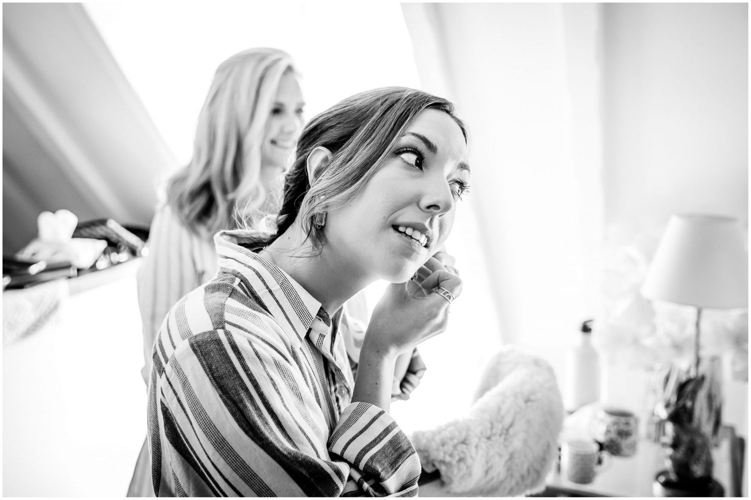 Light-filled candid shots capturing joyful pre-wedding preparation moments.