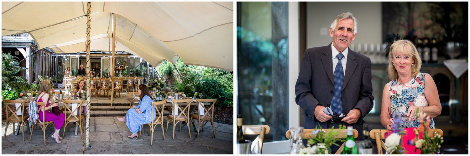 Wedding reception venue setup with outdoor seating and garden party atmosphere.
