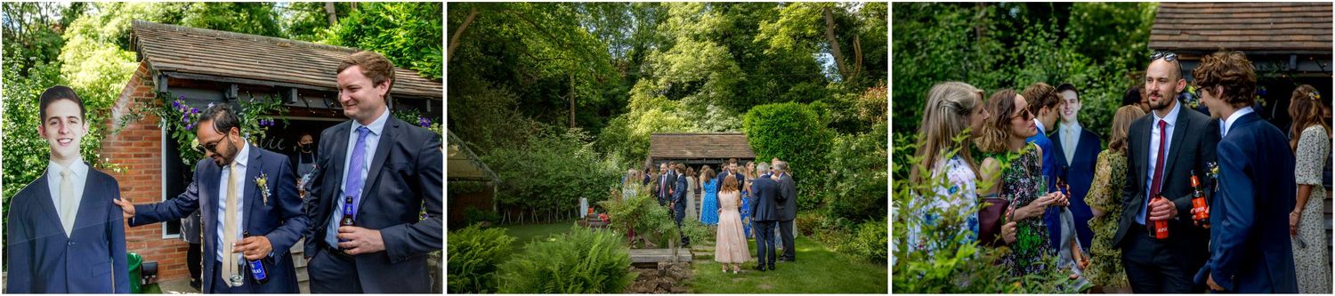 Wedding party celebration scenes in natural outdoor garden setting.