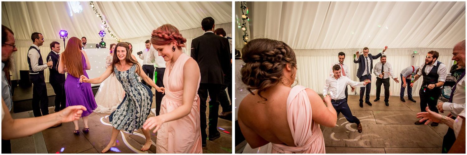 Wedding reception dance floor moments captured in a sequence showing guests celebrating under white tent decorations.