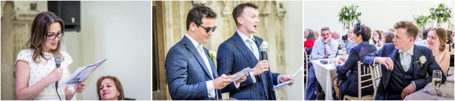 Candid moments of celebration at a wedding reception with guests mingling.