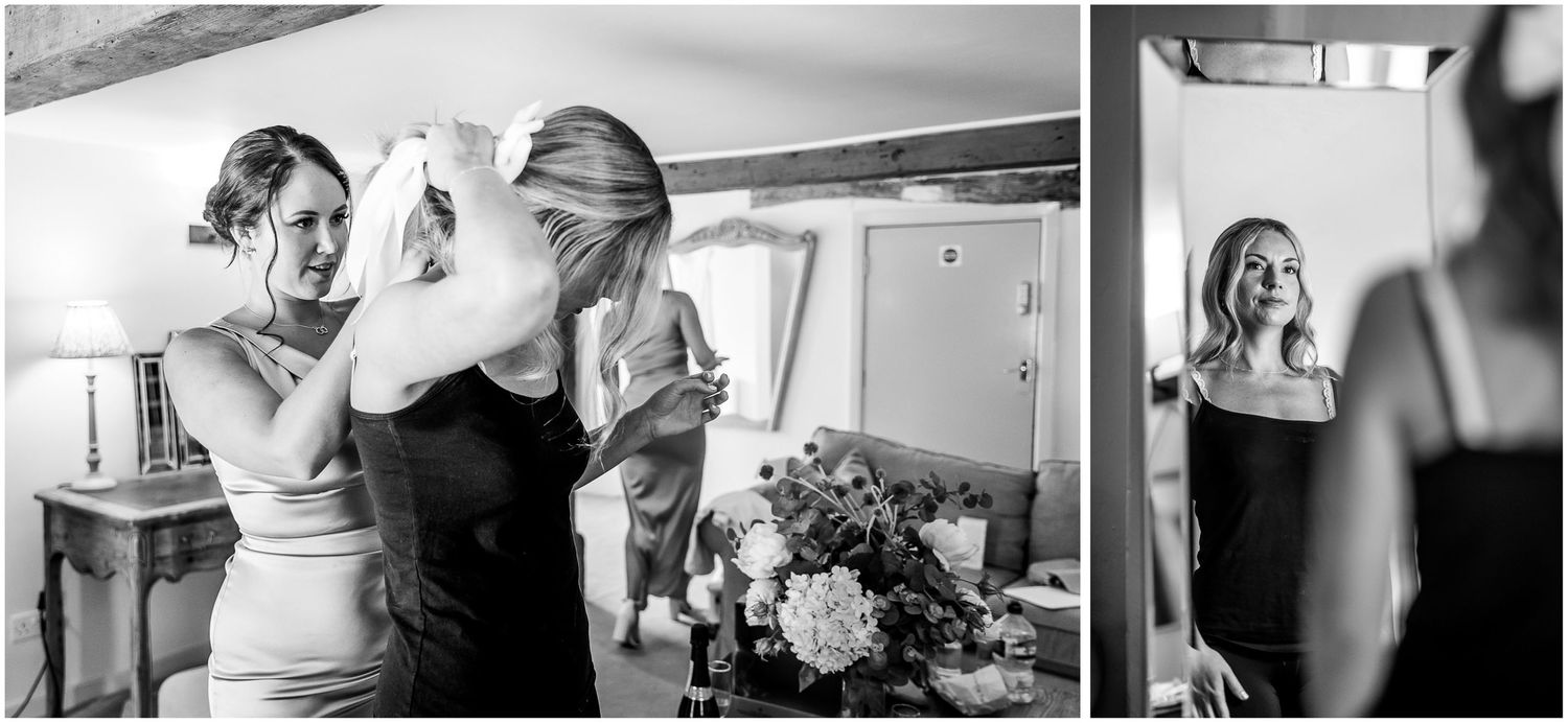 Series of candid black and white photos showing wedding day preparations.
