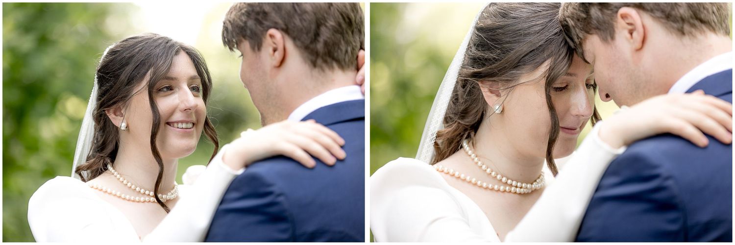 Intimate wedding portraits showing tender moments between bride and groom in a garden setting.