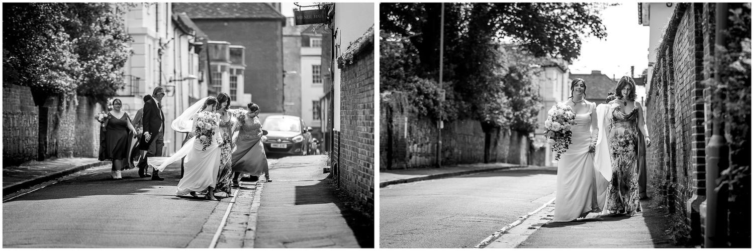 Urban wedding photography featuring architectural elements and street scenes.