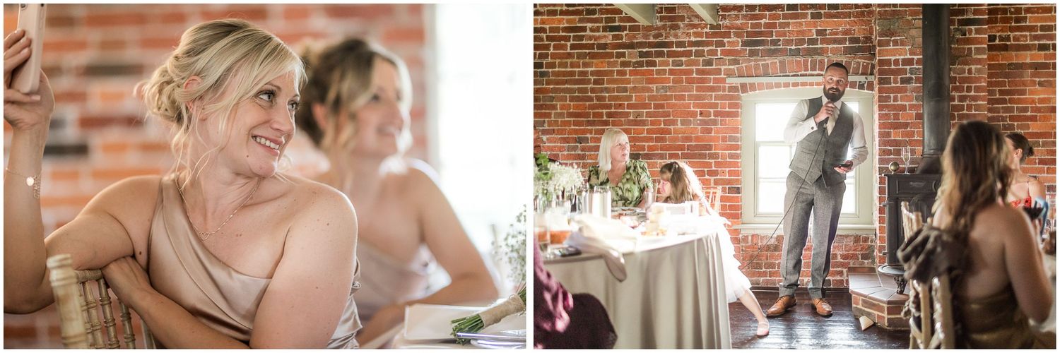 Rustic wedding reception venue with exposed brick walls and warm lighting.