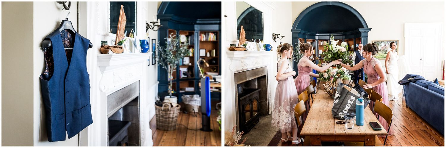 The bridal party making final touches in a side-room before a wedding