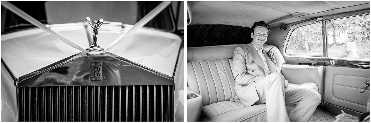 Black and white wedding photograph of a groom sitting in the Rolls Royce before leaving for the ceremony at the Holywell Estate in Hampshire