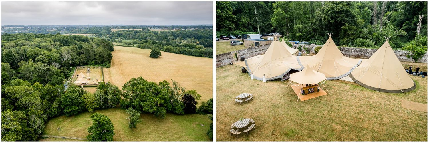 Drone photography by a Winchester wedding photographer of a country estate wedding reception venue