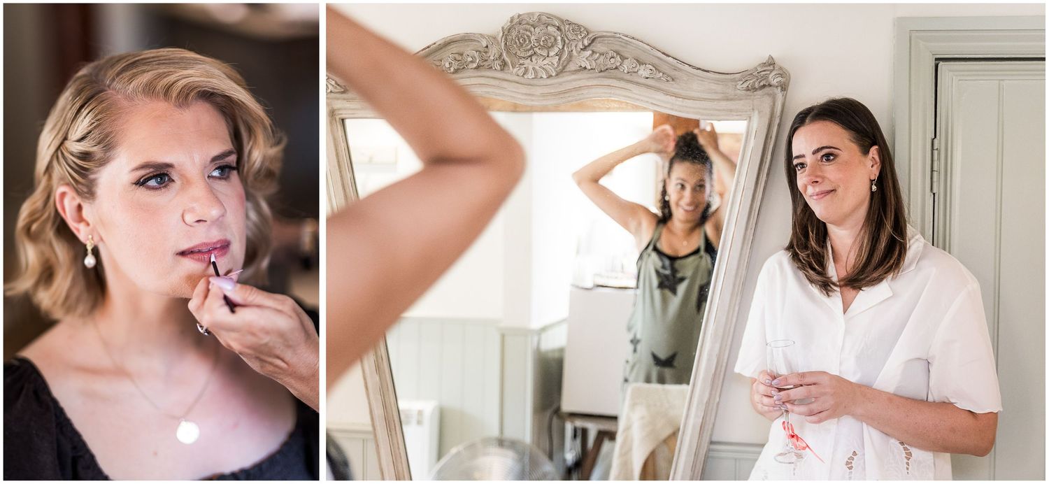 The bride watches over make up and preparations on the morning of her wedding in the Avon Suite dressing room at Sopley Mill