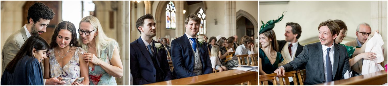 Guests gather inside a historic church with ornate architectural details.