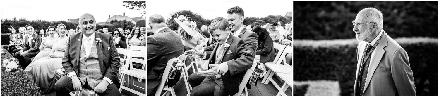 Monochrome images capture candid moments between wedding guests at an outdoor reception.