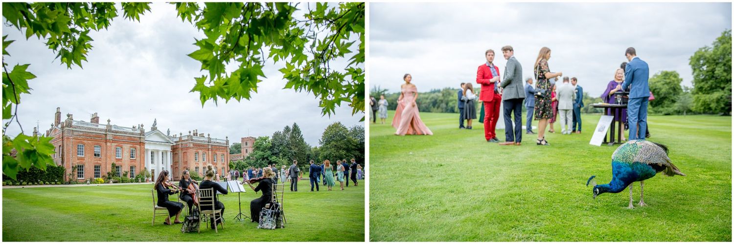 Wedding guests mingling on manicured grounds of a historic estate on a cloudy summer day.