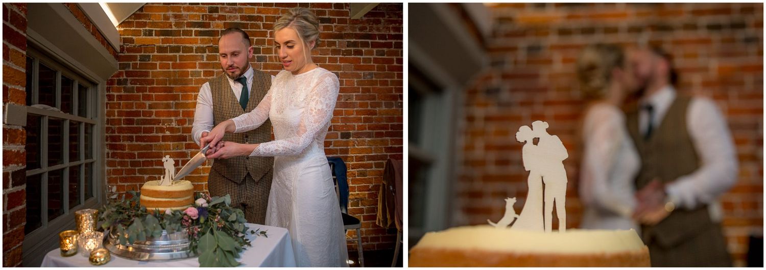 Elegant wedding reception in a historic brick-walled venue with romantic lighting and floral arrangements.