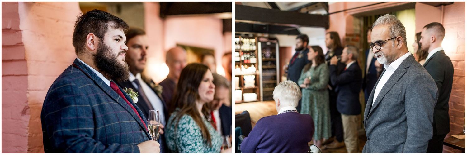 Wedding guests mingling and socializing during an elegant indoor reception event.