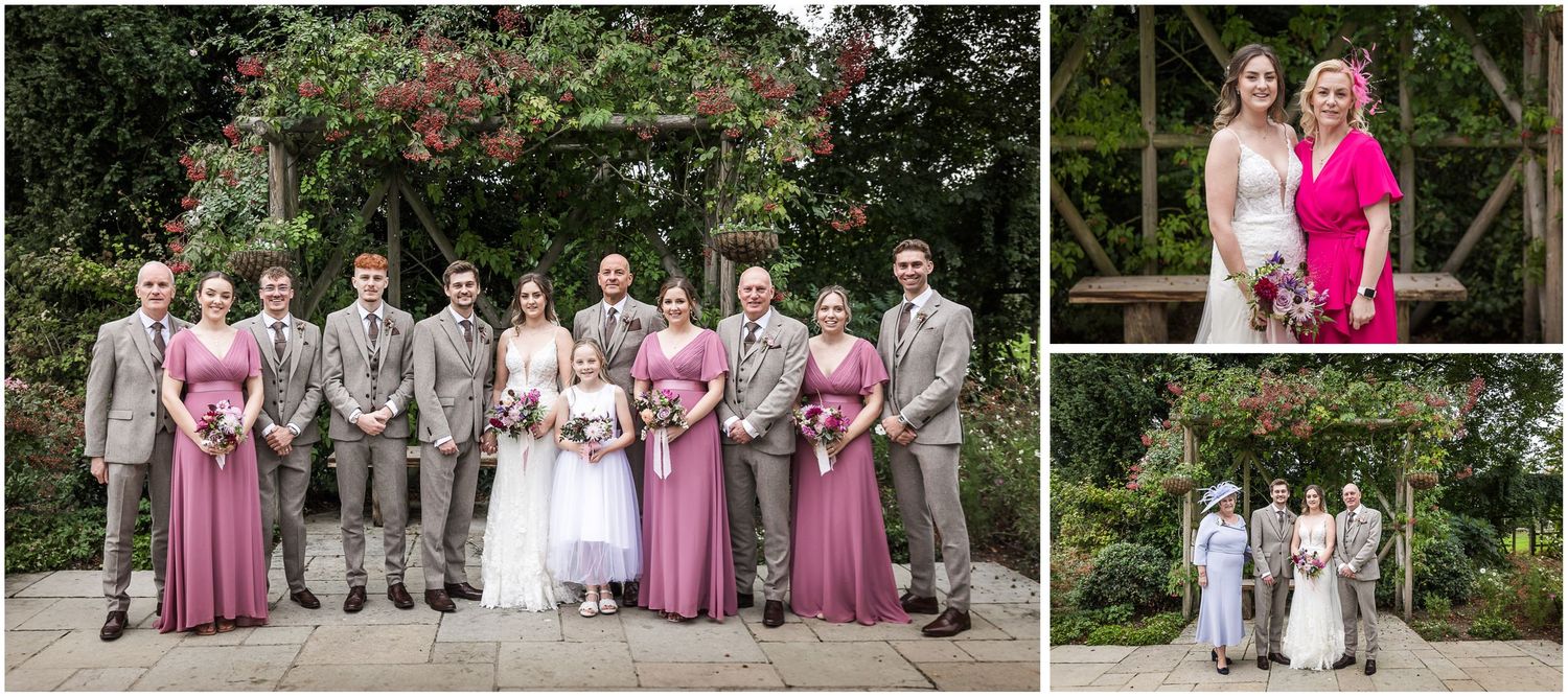 Wedding group photographs on the terrace at Clock barn
