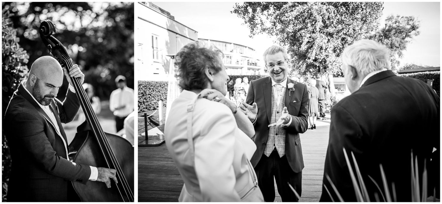 A series of black and white photographs showing people gathered at a formal event or celebration.