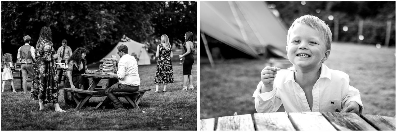 Black and white candid moments captured during a festive celebration.