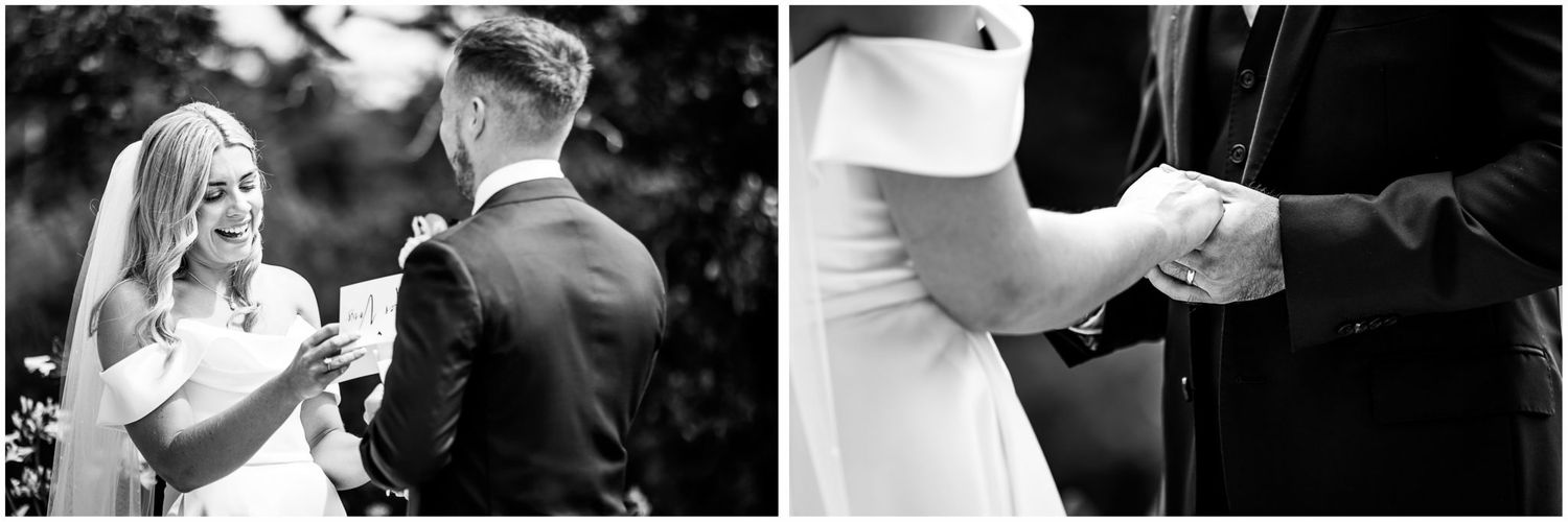 Black and white series of intimate wedding ceremony moments captured in natural lighting.