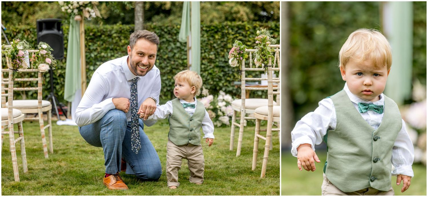 Candid moments captured during an outdoor wedding celebration with natural greenery.