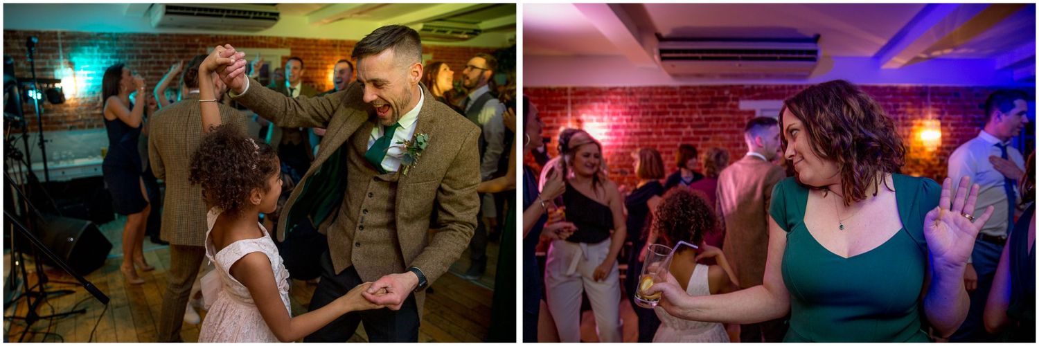 Lively dance floor scene with colorful lighting and guests enjoying themselves.