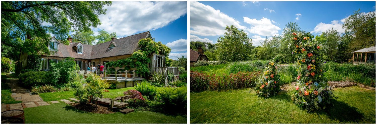 Panoramic view of lush garden property with historic buildings on sunny summer day.