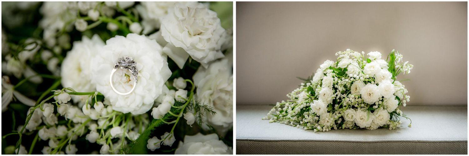 A delicate white wedding bouquet with pearls and greenery shown in two different angles.