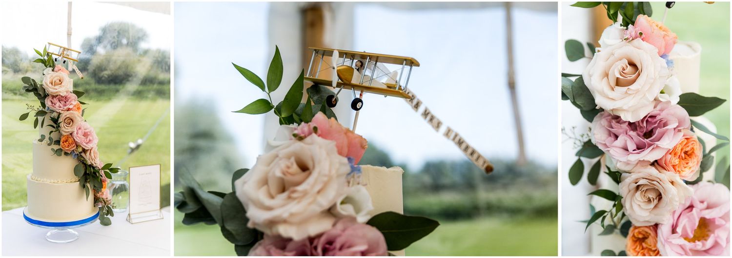 Elegant wedding floral arrangements featuring pink roses and decorative elements.