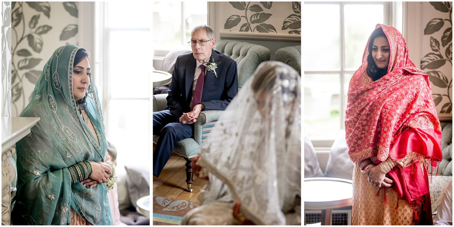 Collection of candid wedding preparation moments in soft natural lighting.