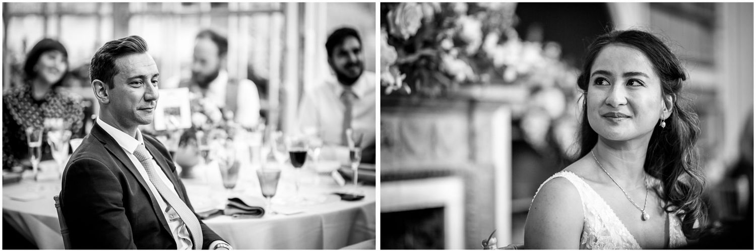 Artistic black and white photos showing candid reactions during wedding reception celebrations.