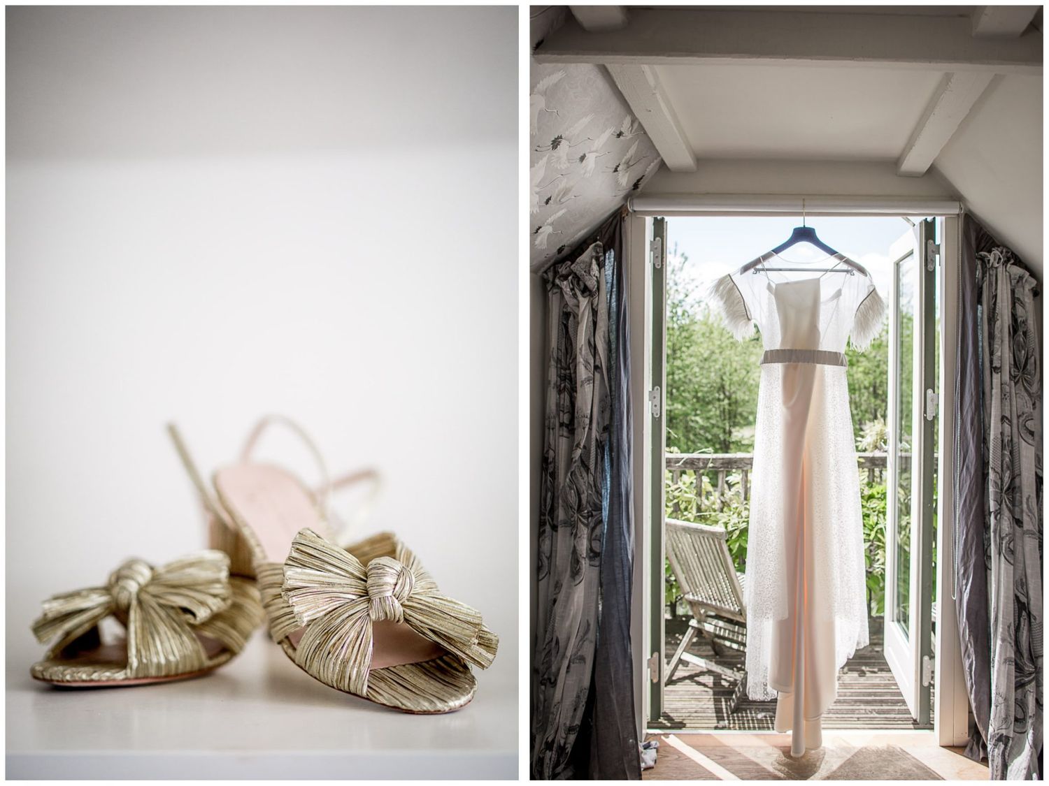 Delicate blush wedding dress and gold shoes arranged artistically by window light.