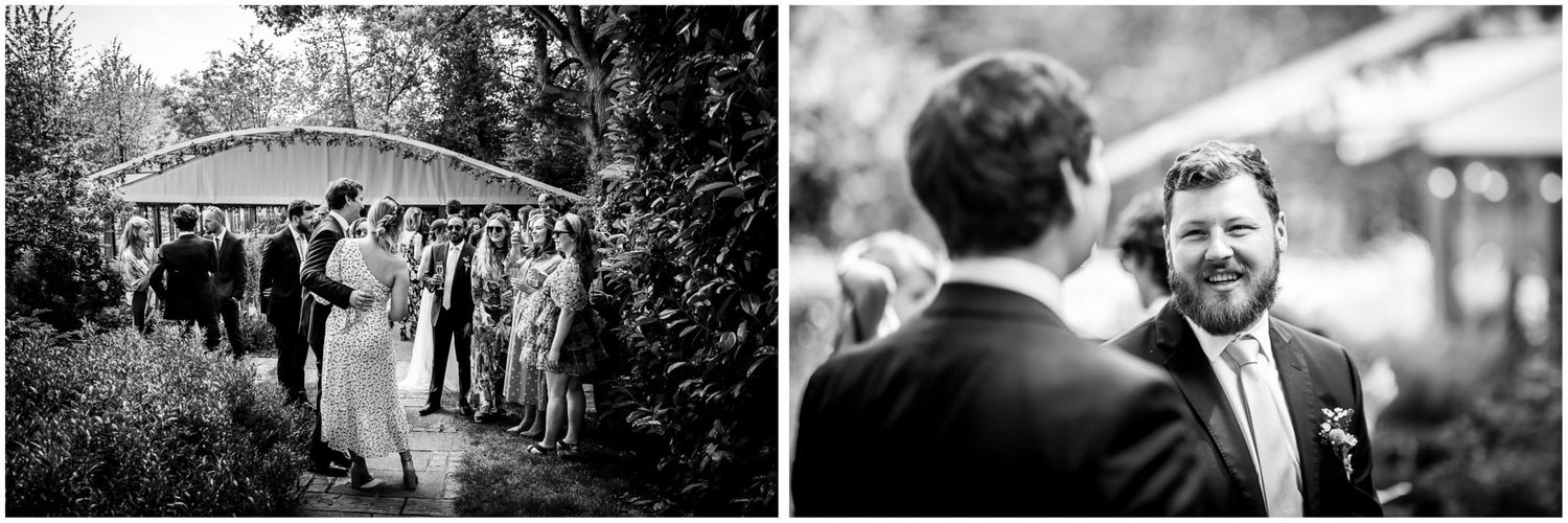 Black and white wedding photos showing intimate moments between guests and couples at an outdoor celebration.