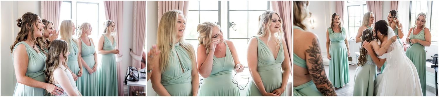 A group wearing matching mint green bridesmaid dresses poses together in a bridal party photoshoot at The Elvetham