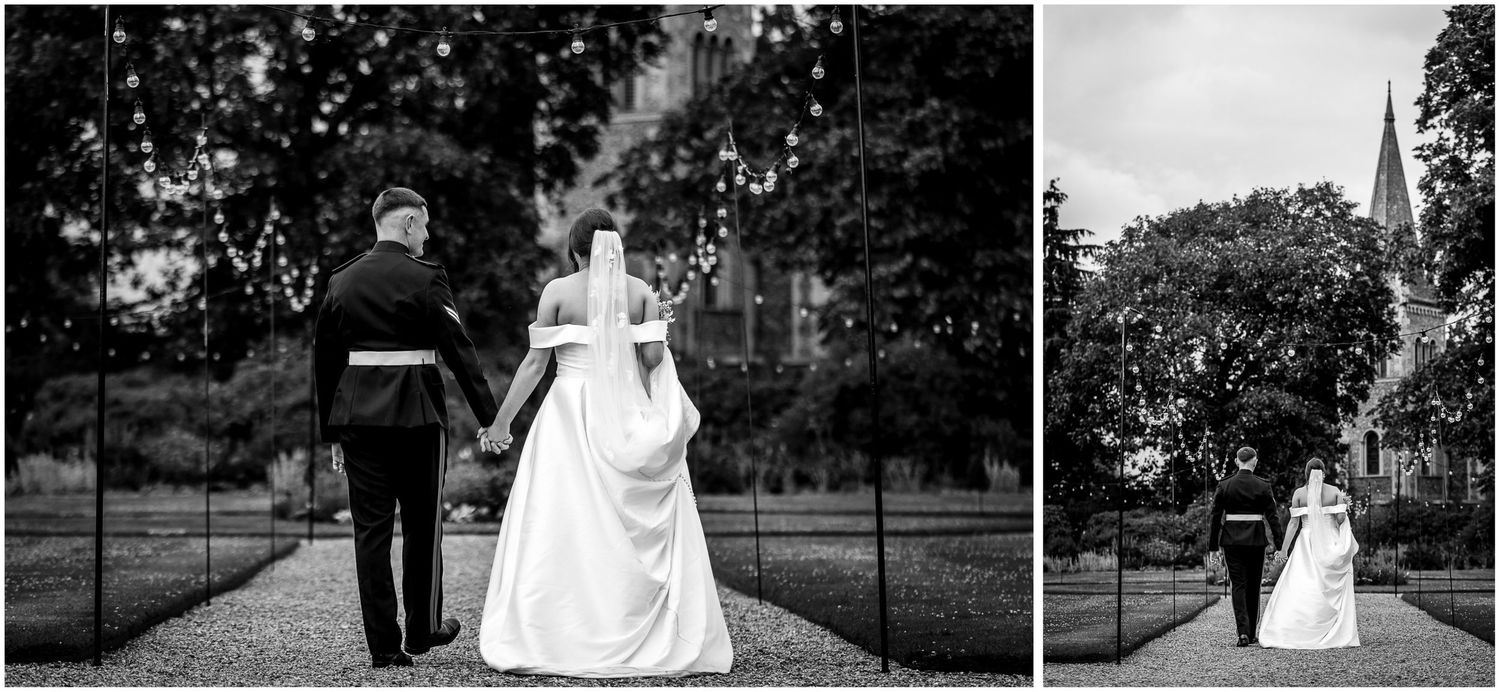 A series of black and white wedding photographs showing romantic moments between newlyweds in an outdoor garden setting.