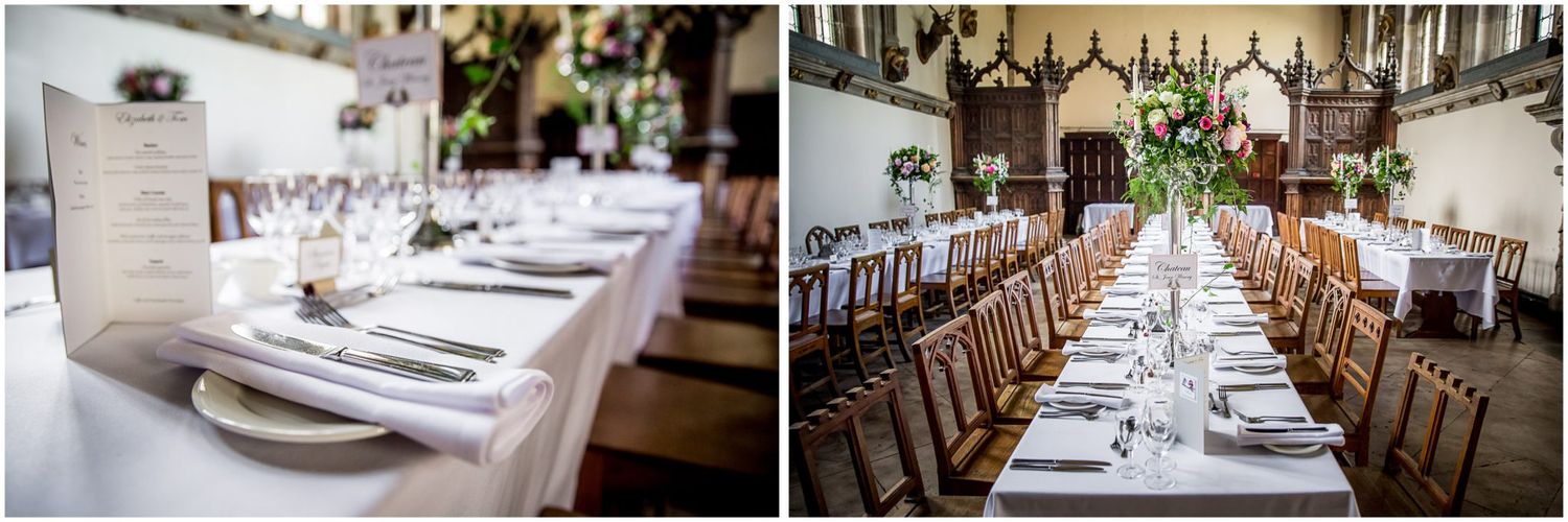 Elegant table settings with white linens and glassware in an upscale restaurant dining room.