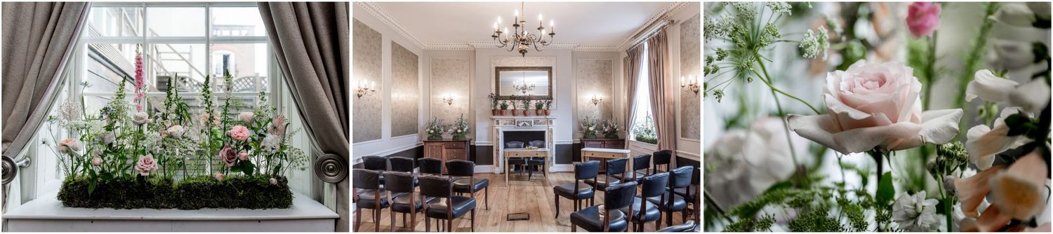 Wedding venue interior showing window display, ceremony space, and floral arrangements.