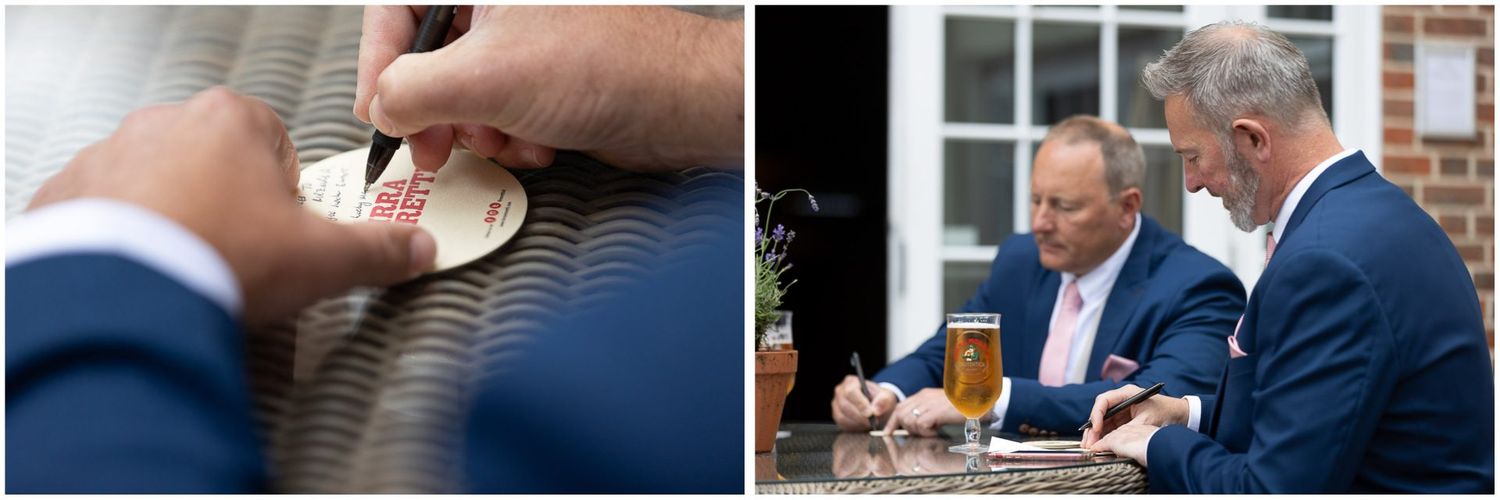 Close-up detail of adjusting a tie and two people enjoying drinks at an outdoor table.