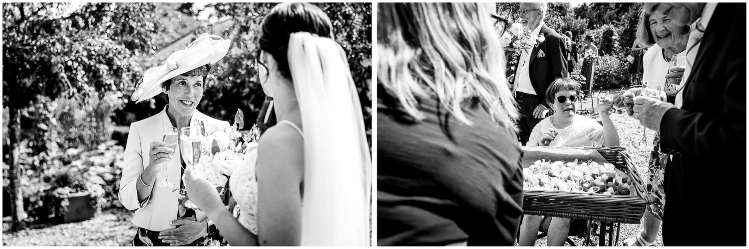 Black and white candid moments from outdoor wedding celebration.