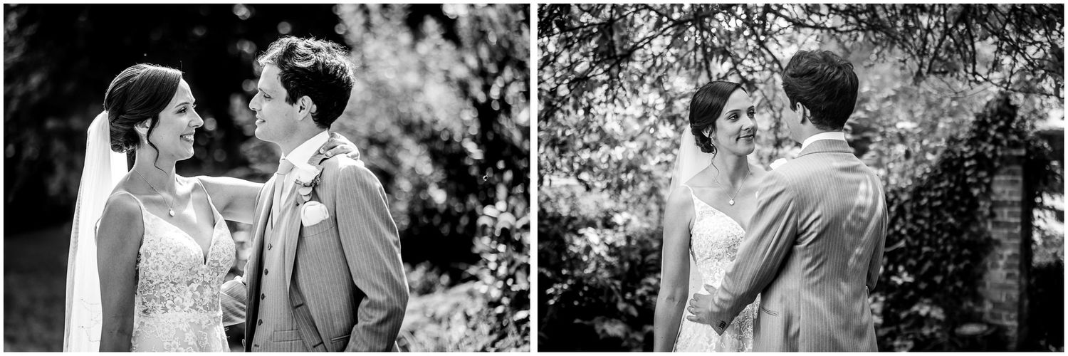 Black and white wedding portraits capturing intimate moments between the couple.
