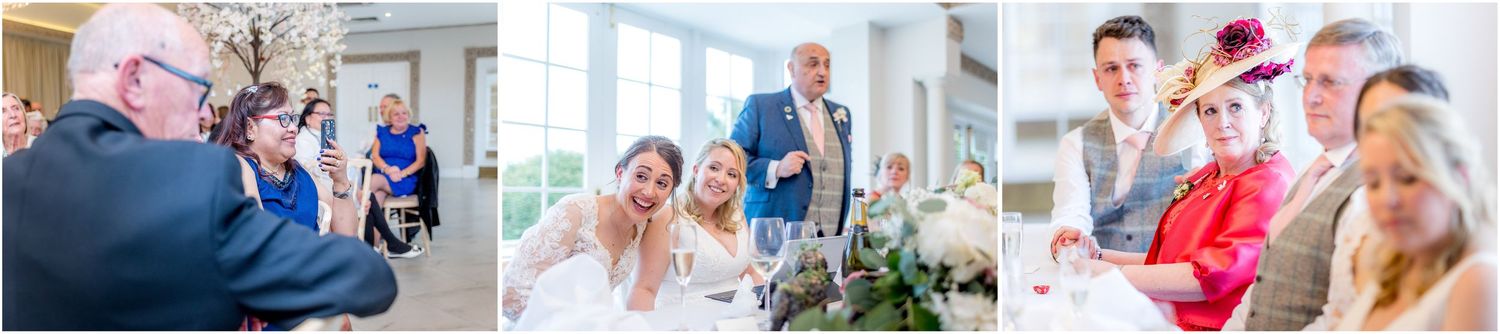 Wedding party members gather for candid photos during reception.
