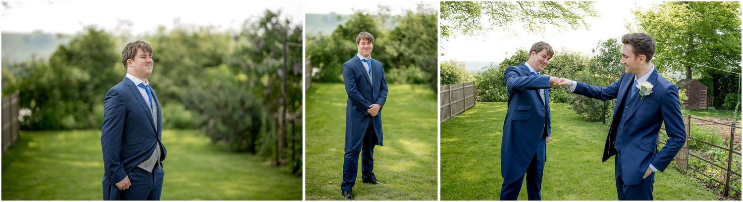 Series of candid shots showing groom in navy suit on grassy lawn.