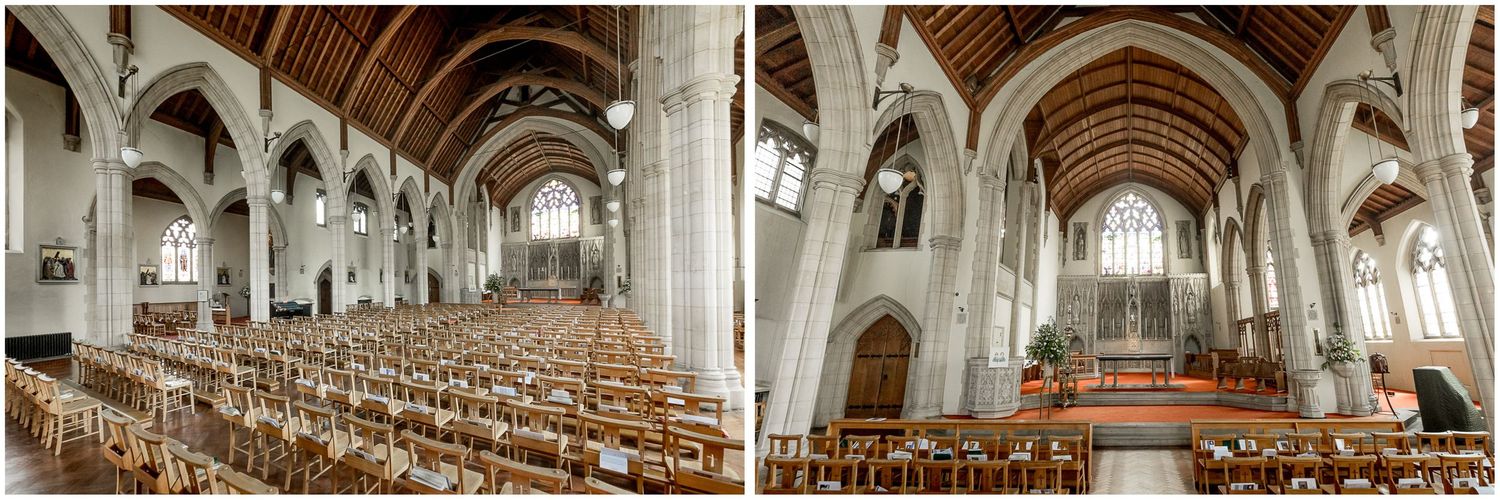 Interior of cathedral with vaulted arches and wooden pews lined for ceremony.