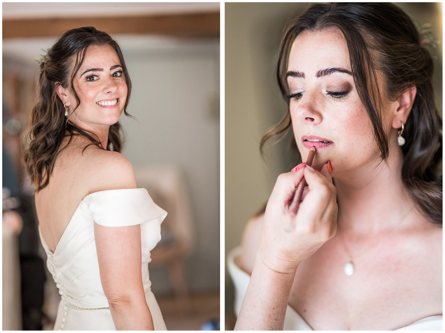 The bride in her wedding dress applies finishing touches to her make-up