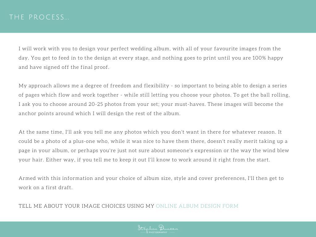 Light turquoise webpage section showing text about a wedding photography process with white text content.