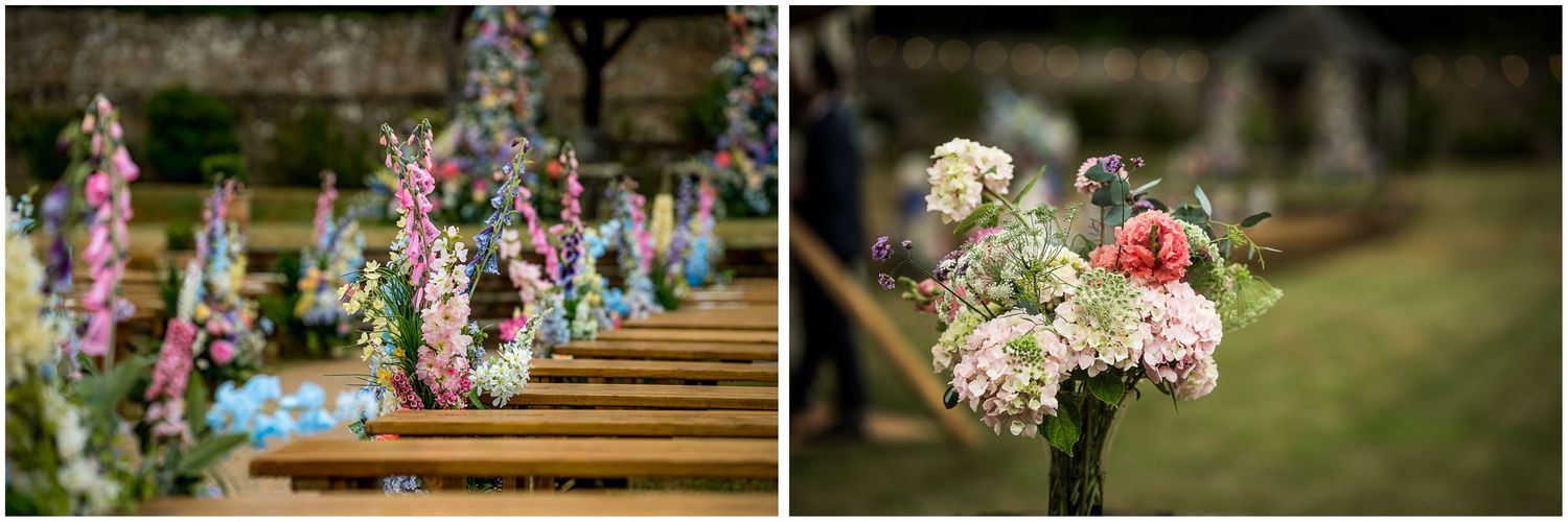Floral detail photographs from an outdoor wedding ceremony in Hampshire.