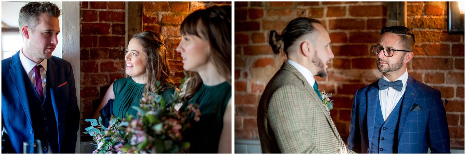 Indoor wedding portraits against exposed brick walls with floral arrangements.