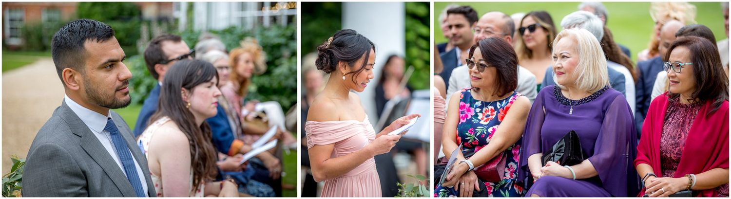 Wedding party and guests celebrating during an outdoor summer reception.