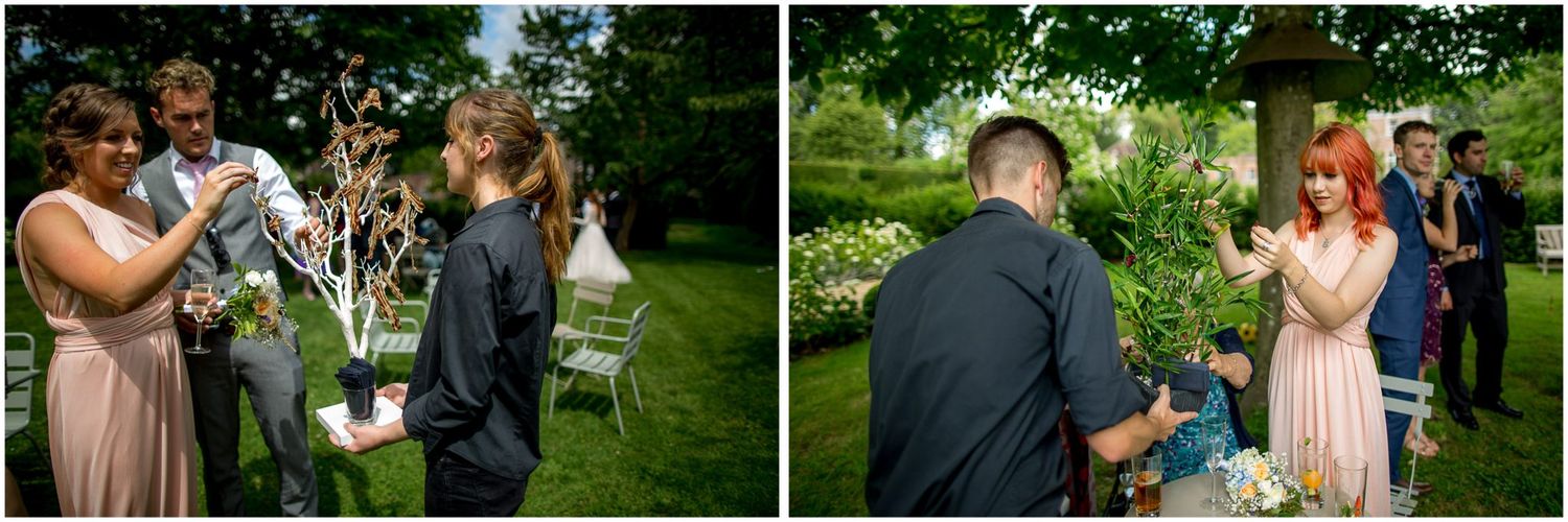 Two candid outdoor wedding ceremony moments showing guests and participants in a garden setting.